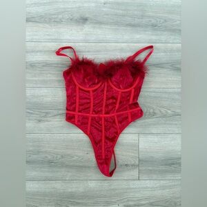 Red Sheer Bodysuit with Feather Trim